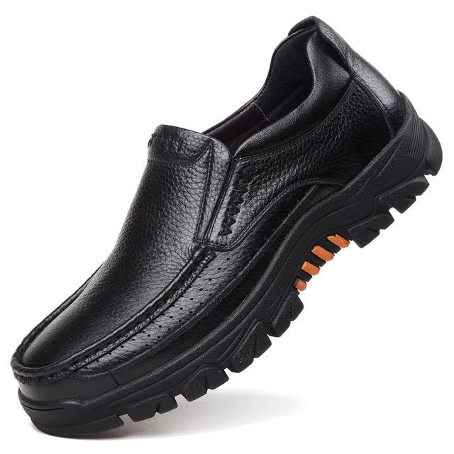 Black and brown business casual leather slip-on shoes with a soft sole and rubber outsole