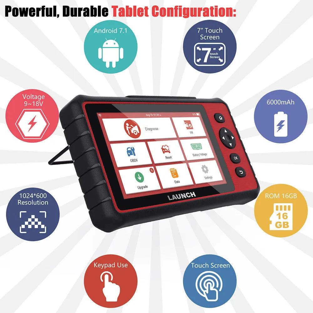 Red car fault decoder with 7 inch IPS touch screen displaying diagnostic data, with Mini USB and power button visible
