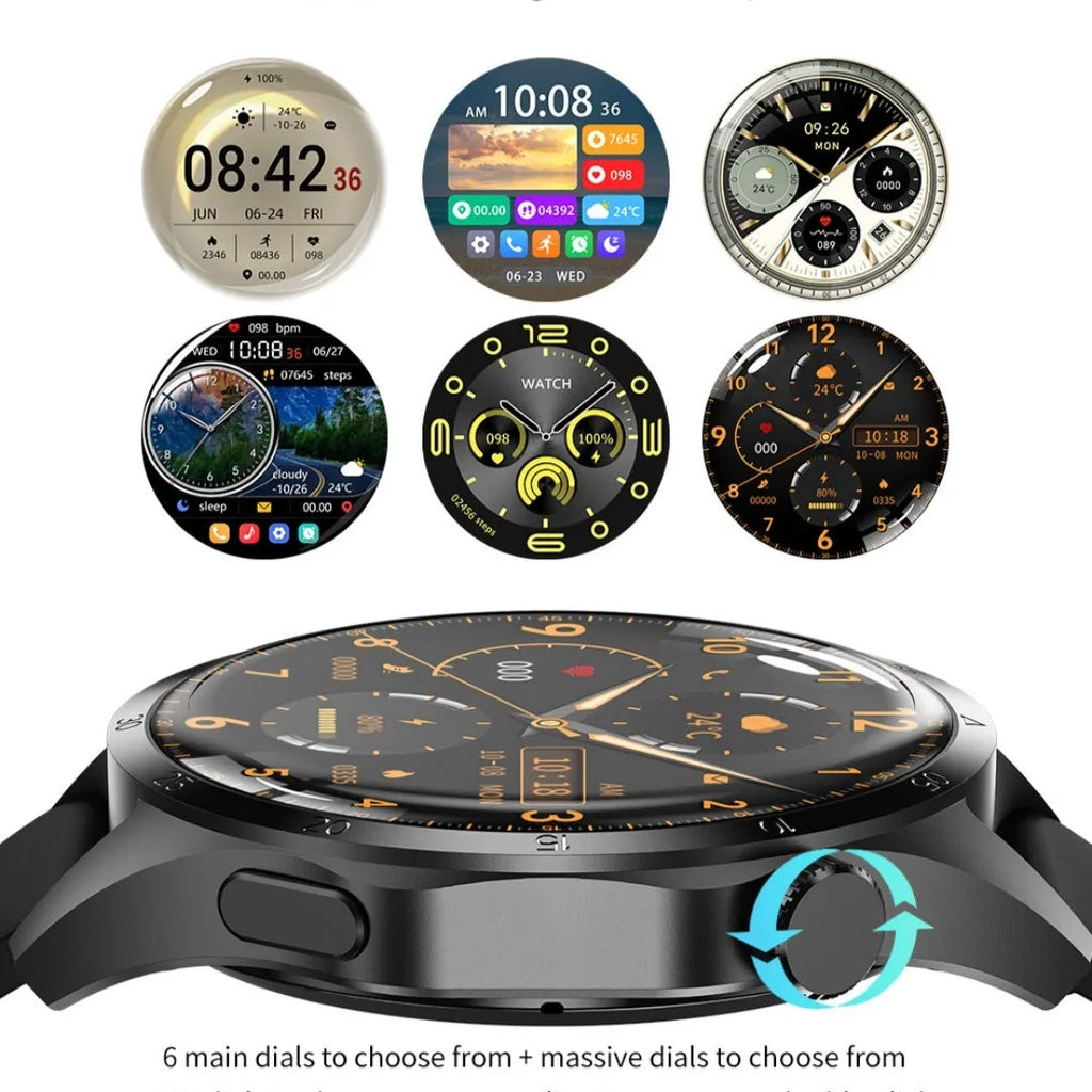 Black smartwatch with Bluetooth calling and health monitoring functions on silicone or Milan mesh strap