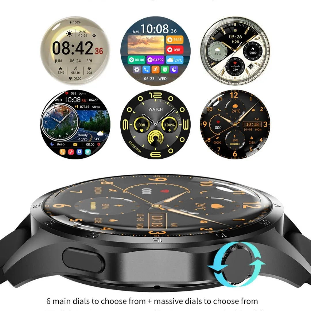 Black smartwatch with Bluetooth calling and health monitoring functions on silicone or Milan mesh strap