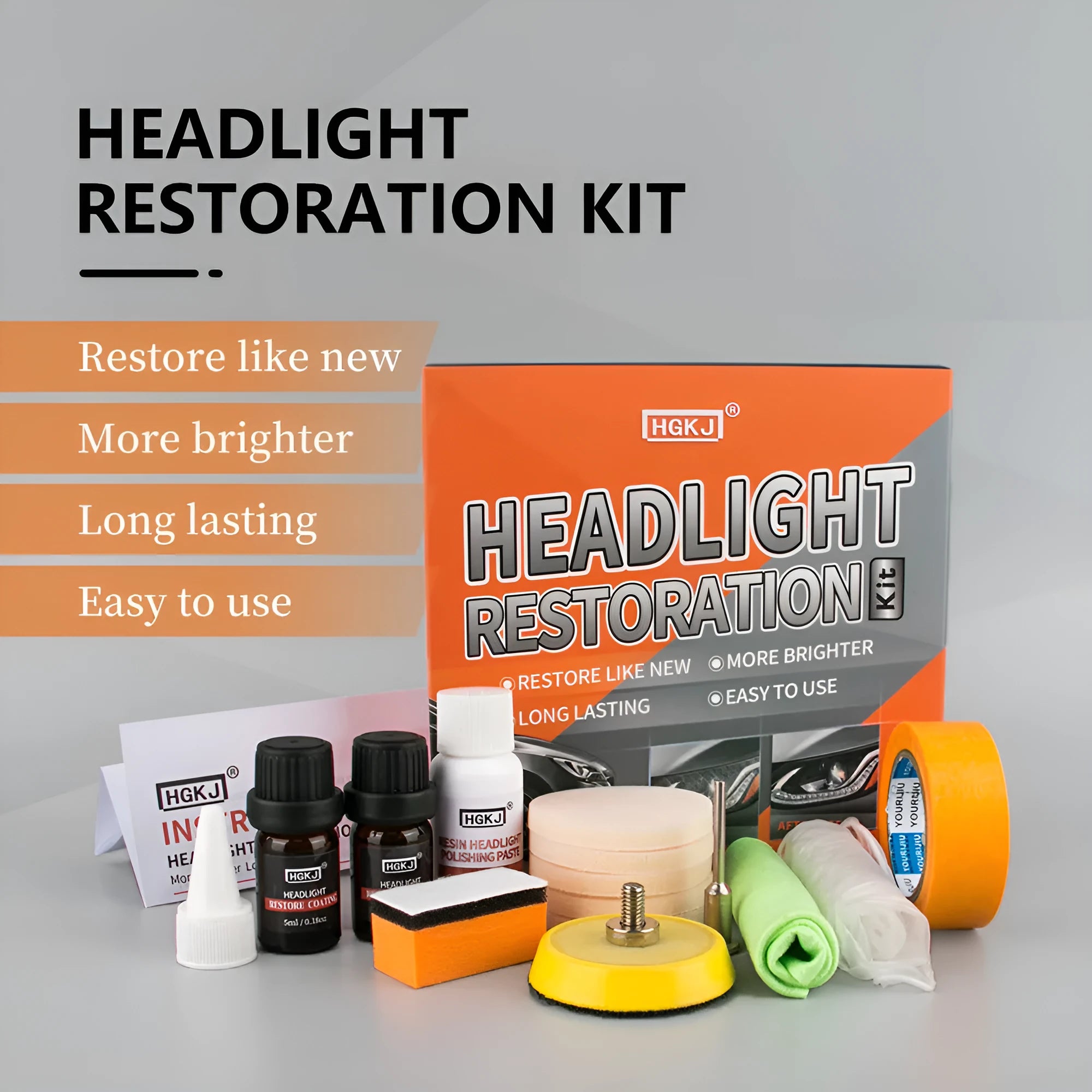HGKJ car headlight repair kit 30ml with coating, sandpaper, and sponge