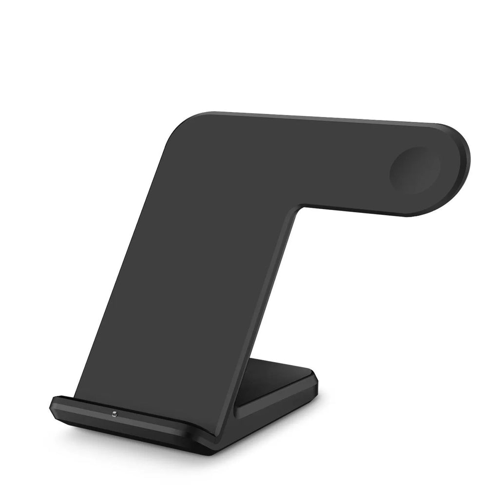 Black wireless phone charger with silicone surface measuring 140x121x105mm