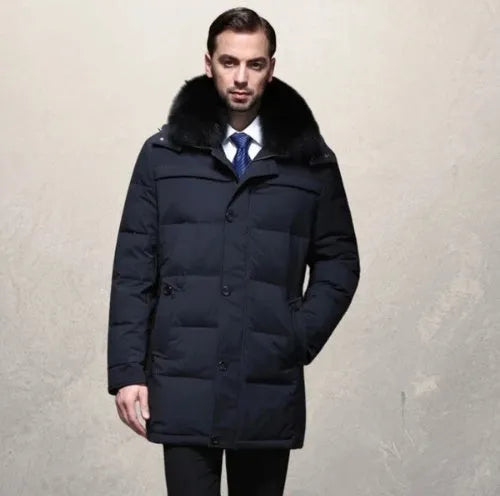 Men's thickened white duck down jacket standing collar no hood zipper front black colour solid pattern winter coat