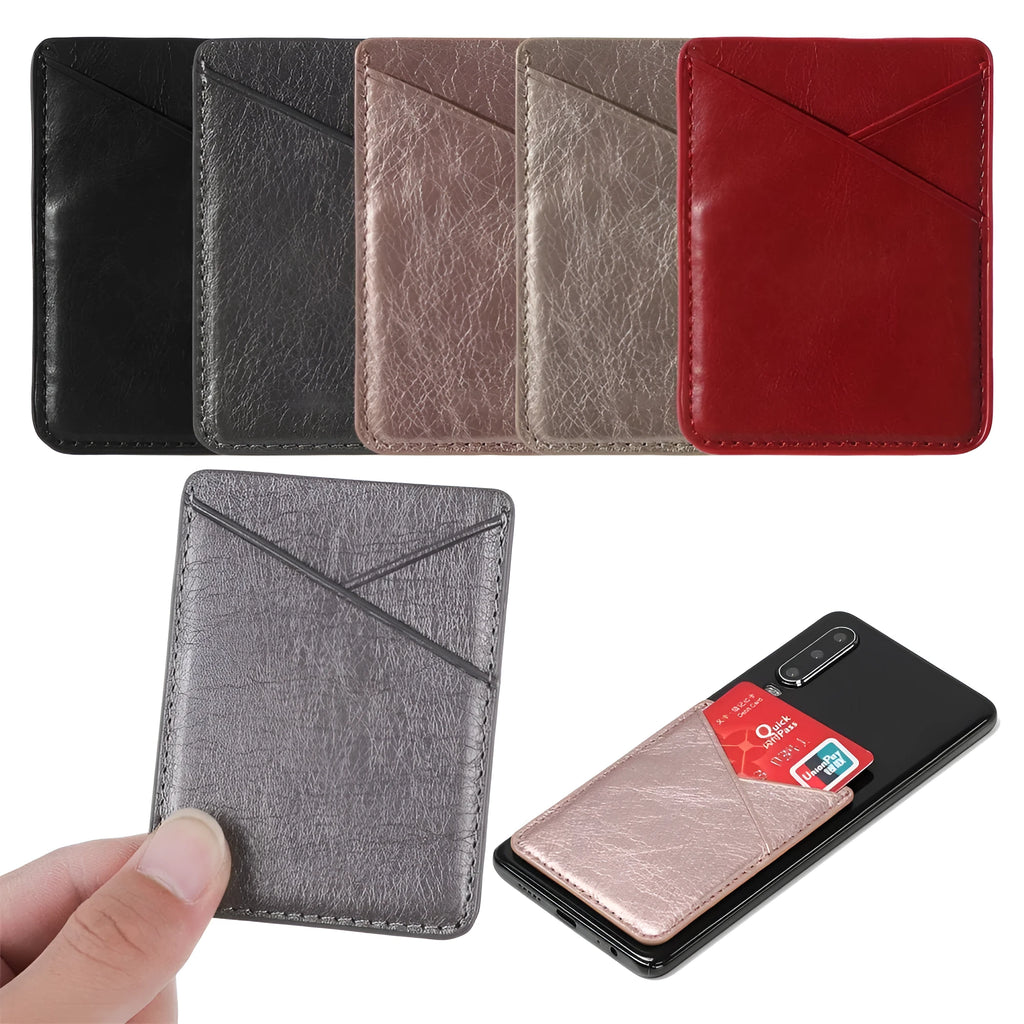 PU leather mobile phone sticker back cover card holder in Black and Pink colour options on a phone