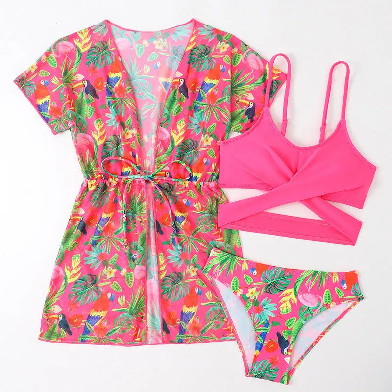 Girls floral split overclothes swimsuit bikini set in picture colour