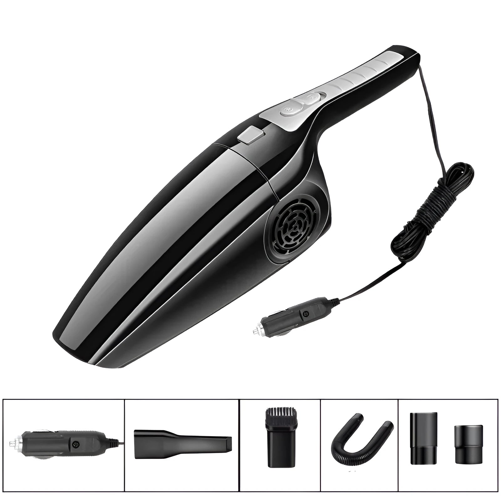 PoHigh Power Hypa black and orange 12V car vacuum cleaner with dimensions 36x10x13cm