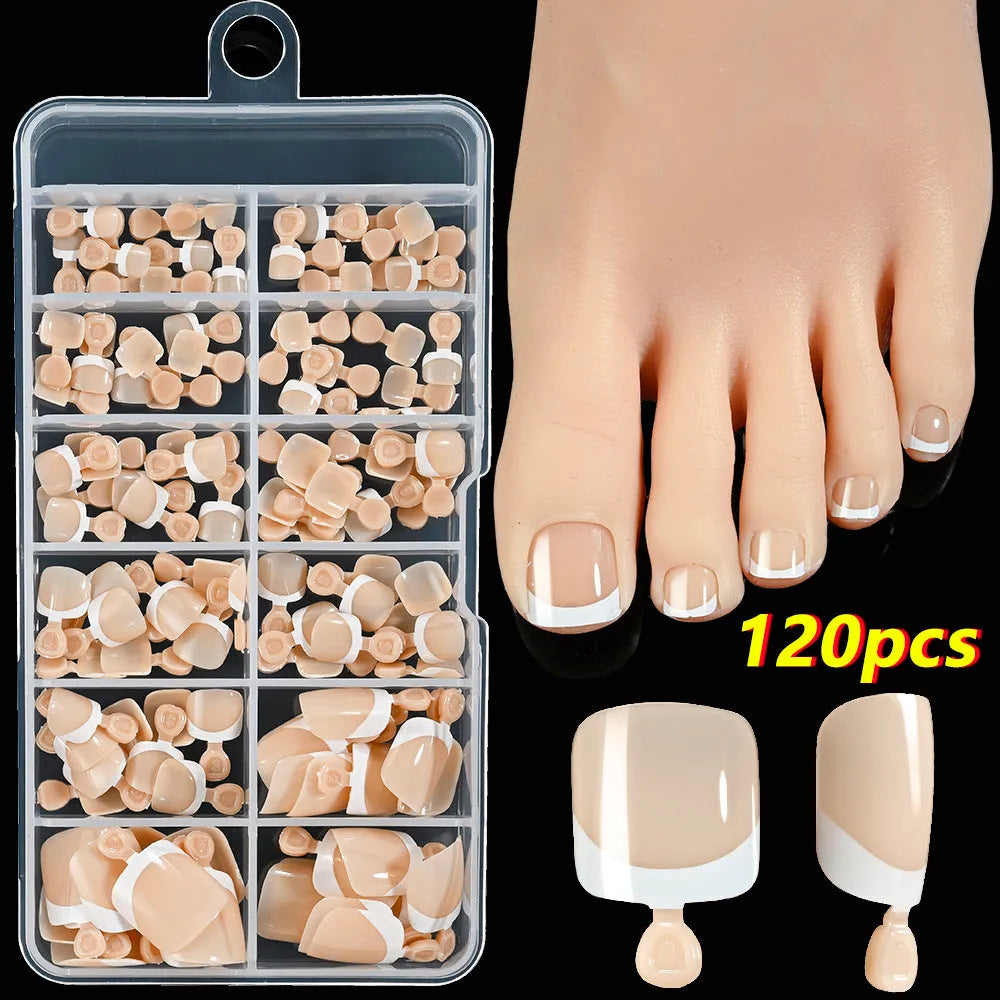 120-piece box of French white edge nude full square short artificial toenails in nine shades