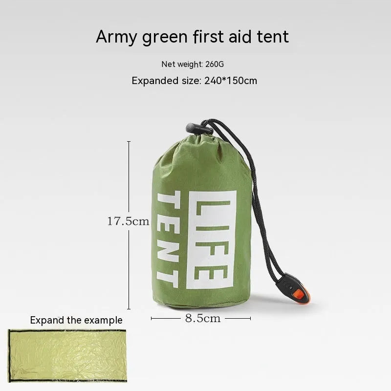 Orange emergency tent kit with sleeping bag, raincoat and whistle for disaster relief