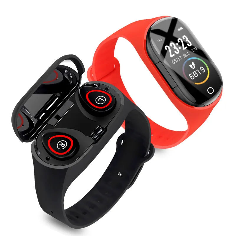 Smart bracelet and wireless earphone combo in silicone with touchscreen display showing fitness metrics