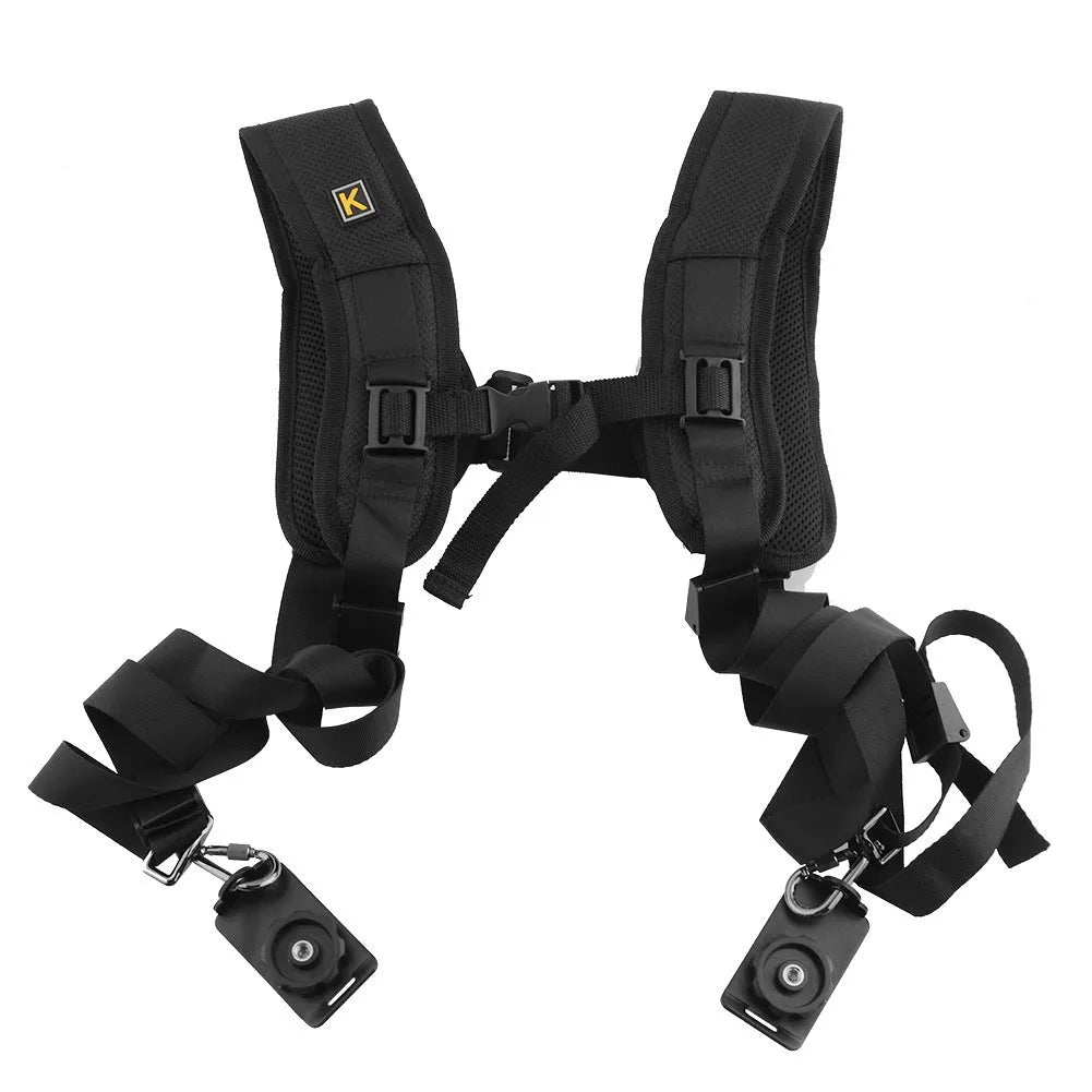 Black professional dual camera strap for SLR cameras shown ergonomically worn across the chest.