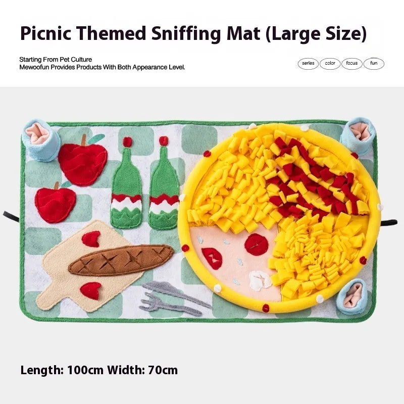 Plastic fabric dog sniffing mat with textured surface for hiding food treats, showing multiple theme design options