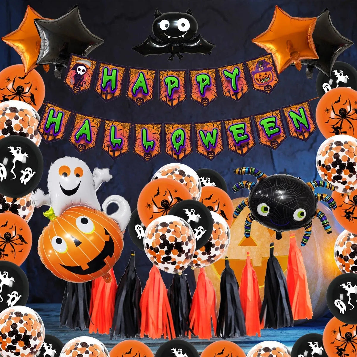 Halloween spider balloon arch set with black and white skull and pumpkin decorations