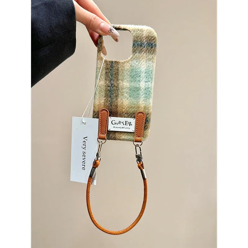 Flannel contrast colour check phone case with wristband in green pattern for iPhone 14