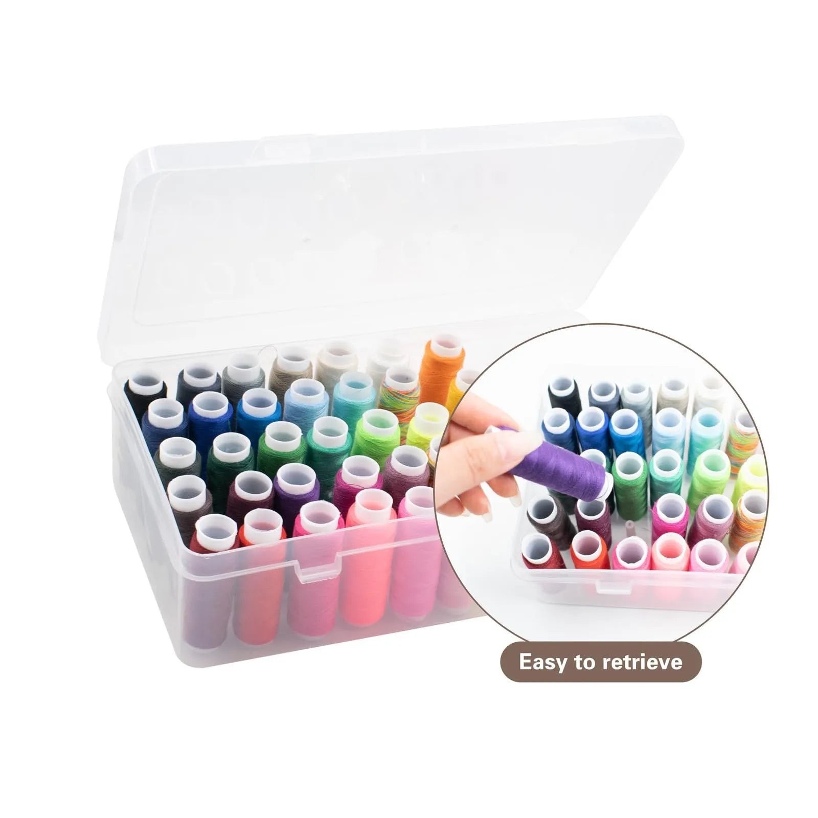 Clear plastic storage box with 42 compartments for embroidery threads and needlework supplies