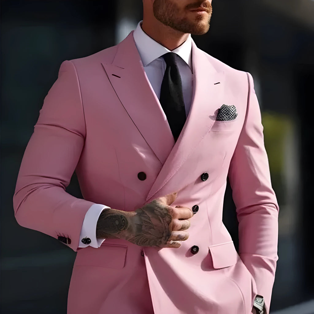 Korean style slim fit men's two-piece suit in grey, business casual cut with adhesive interlining construction.