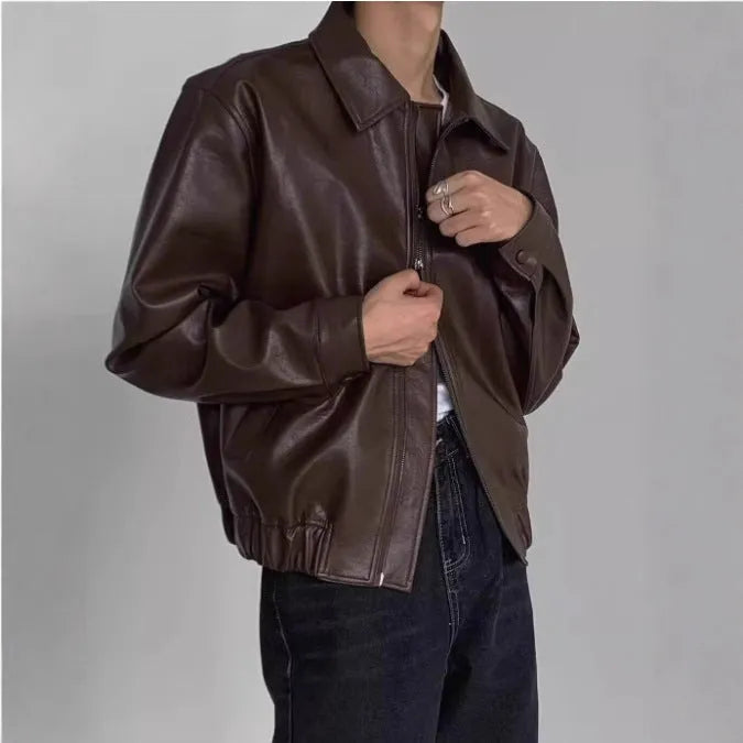 Brown PU leather jacket with straight hem, Korean-style couple hip-hop top