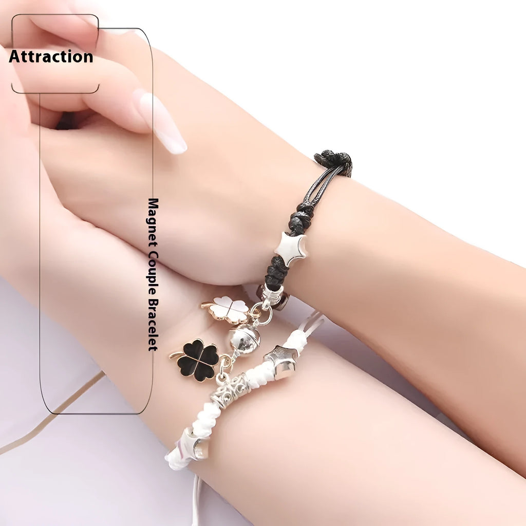 Magnetic clasp couple bracelets with alloy construction and symbolic designs including crown and love lock motifs.