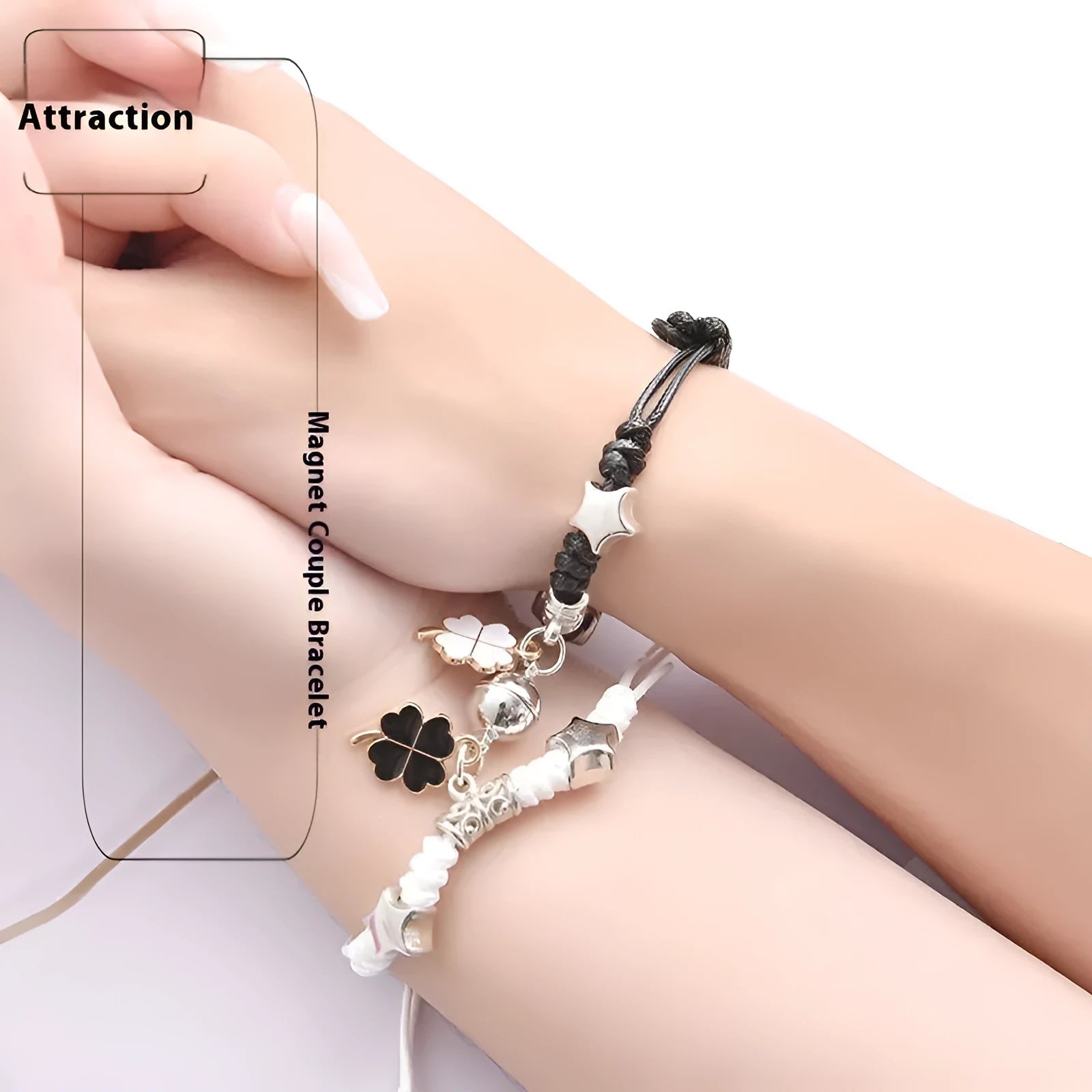 Magnetic clasp couple bracelets with alloy construction and symbolic designs including crown and love lock motifs.