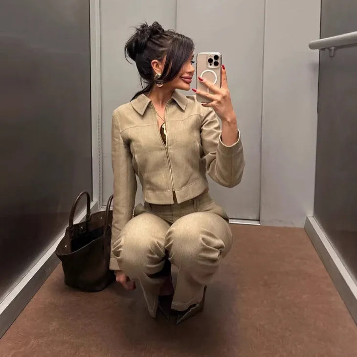 Women's herringbone pattern suit with 3D embroidery on jacket and trousers in street fashion style