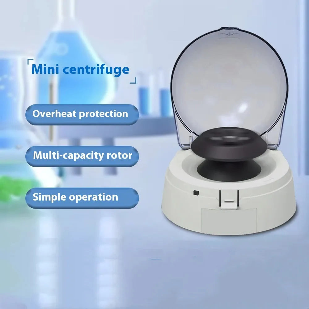 Mini laboratory centrifuge unit with compact 157x170x120mm dimensions and 7000 rpm maximum speed