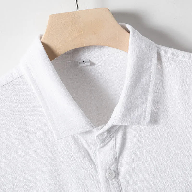 Men's loose lapel linen T-shirt in hemp blend fabric, shown in optic linen colour.