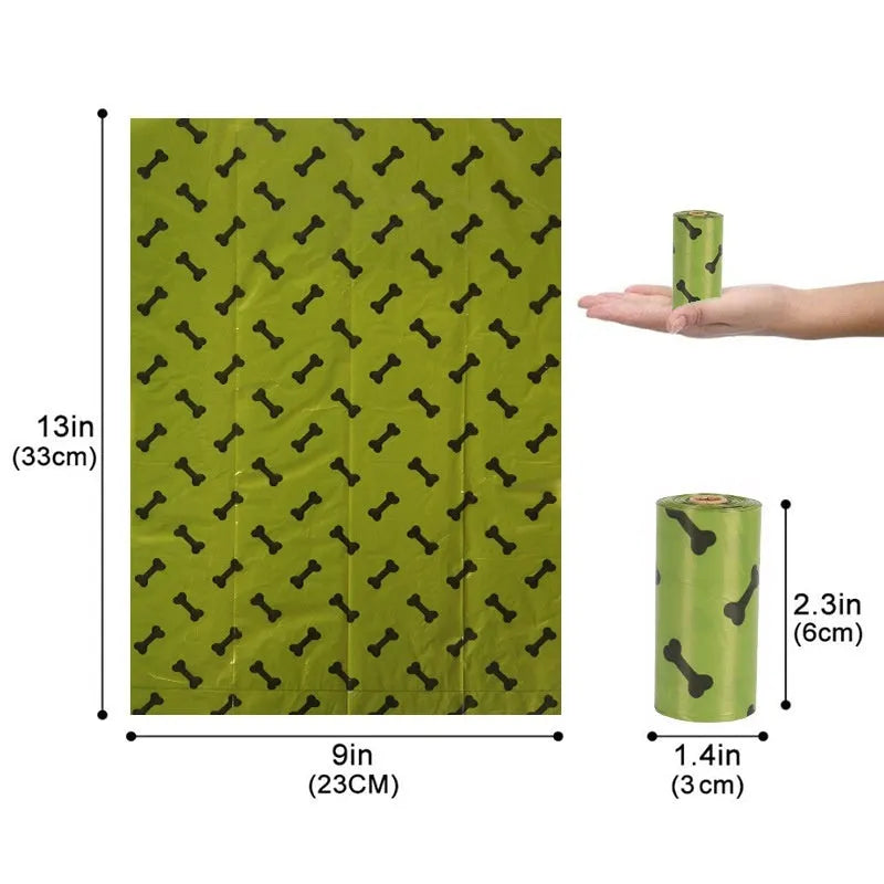 Military green degradable dog poop bags with black bone pattern measuring 23x33cm