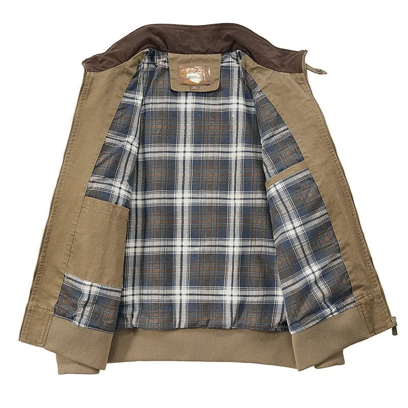 Men's plus size washed cotton baseball flight jacket shown in army green colour.