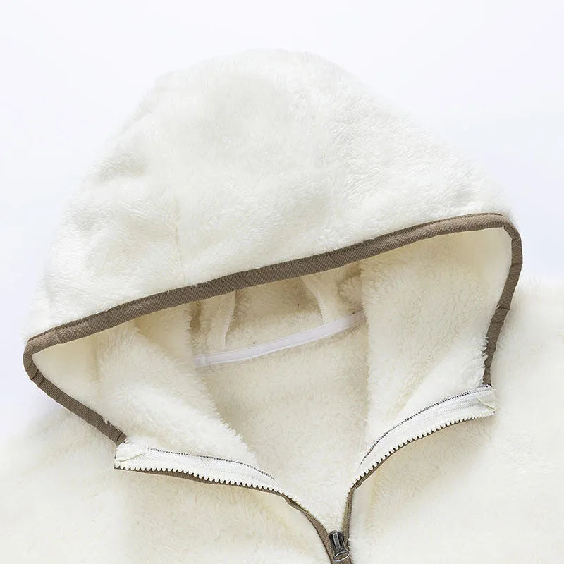 Plus size women's winter coral fleece hooded pajama set in white with heavy velvet lining and zipper