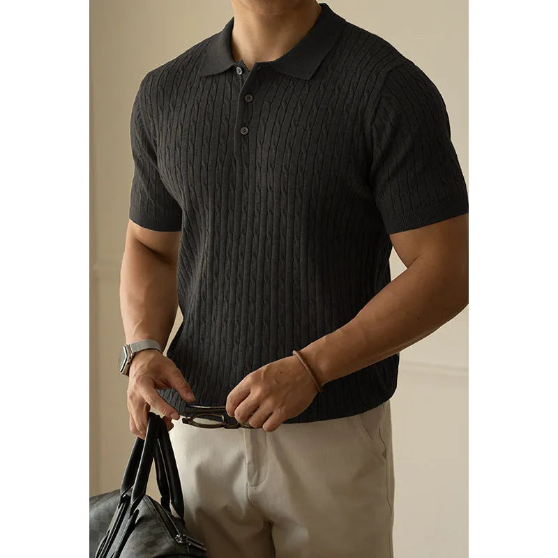 Men's short-sleeve business casual top in khaki colour, showing front design and fabric texture.