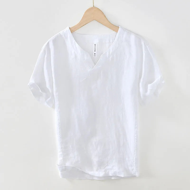 Simple casual linen T-shirt top in khaki, short sleeves, pullover style