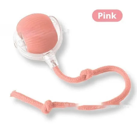 Silicone cat rolling ball toy in green, grey, red, and pink plush designs with optional rope attachment