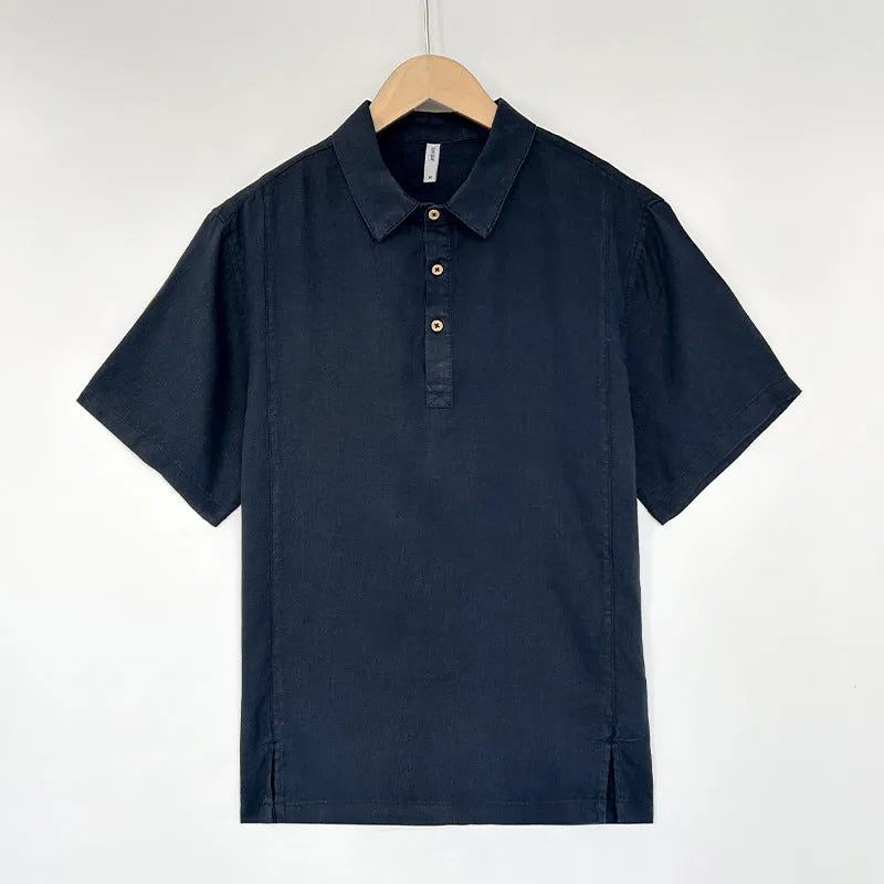Men's loose fit linen summer top with short sleeves and thin lapels on a hanger.