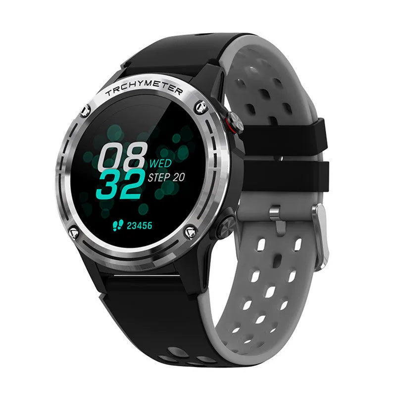 Blue outdoor sports smart watch with 1.3-inch screen and silicone wristband on a wrist.