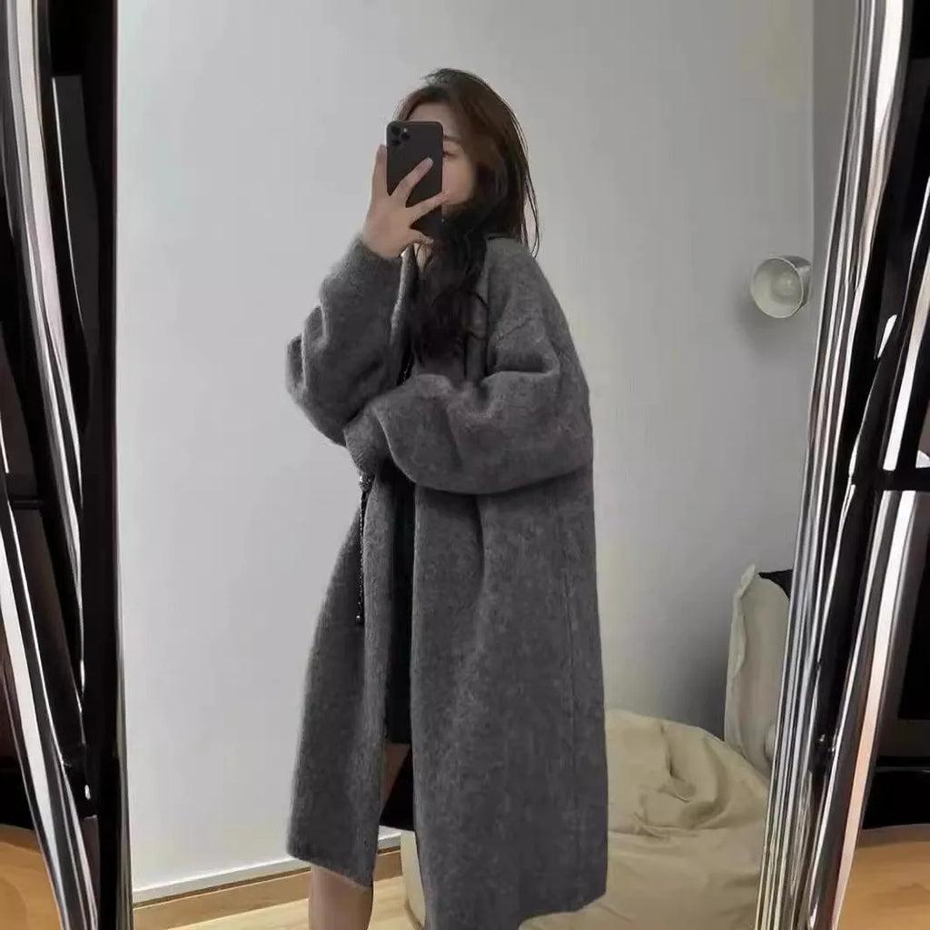 Women's knitted cardigan coat with V-neck and 65cm mid-length design in five colour options