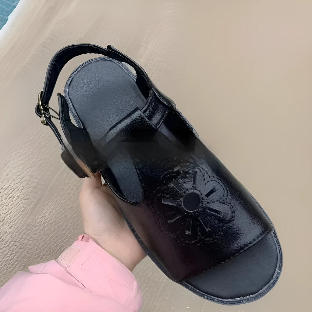 Men's black embroidered flower pattern beach sandals with flat heel and PU upper material.