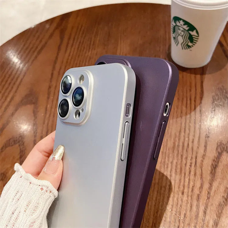 Metallic paint frosted PC phone case with lens protector for iPhone, solid colour in black