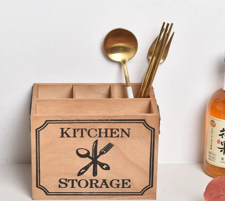 Wooden kitchen storage box with internal grid divider for organising cutlery and chopsticks