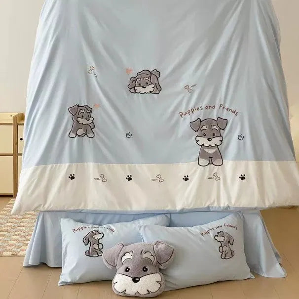 Cartoon schnauzer dog pattern bedding set with embroidery on thickened cotton fabric