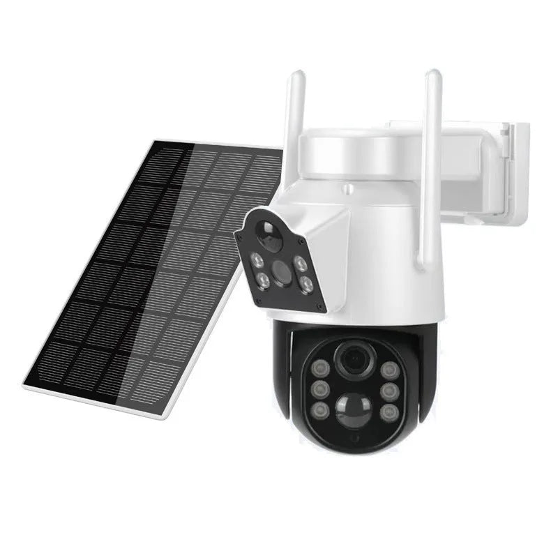 Black or white outdoor solar-powered wireless security camera with separate solar panel unit