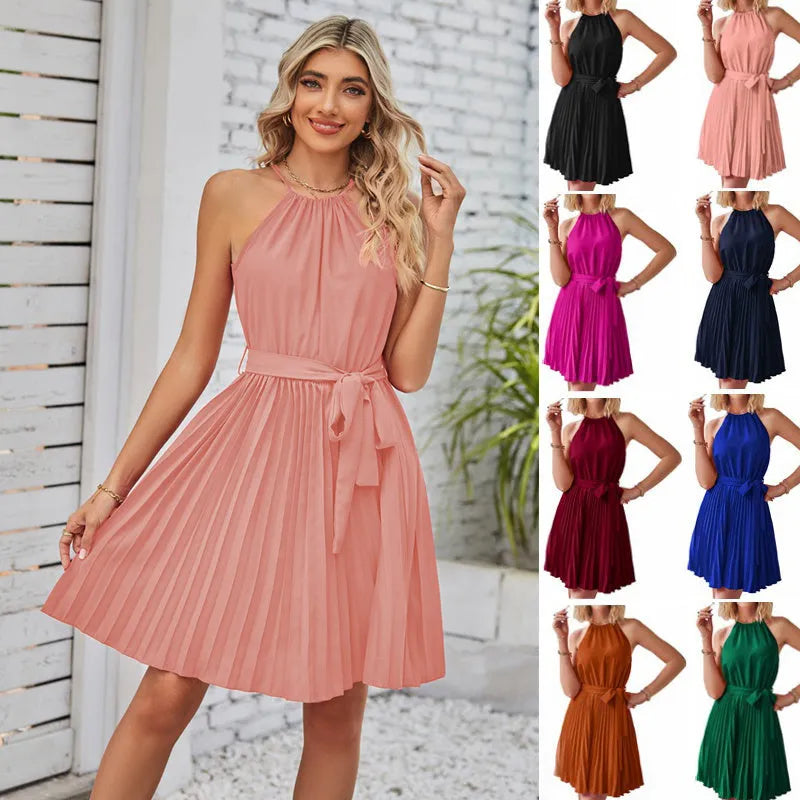 Women's black halter neck strapless sundress with a pleated midi skirt and an adjustable waist belt.