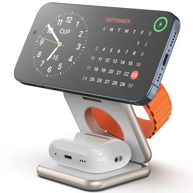 Three-in-one folding magnetic wireless charger for mobile watch headset in black aluminium alloy finish