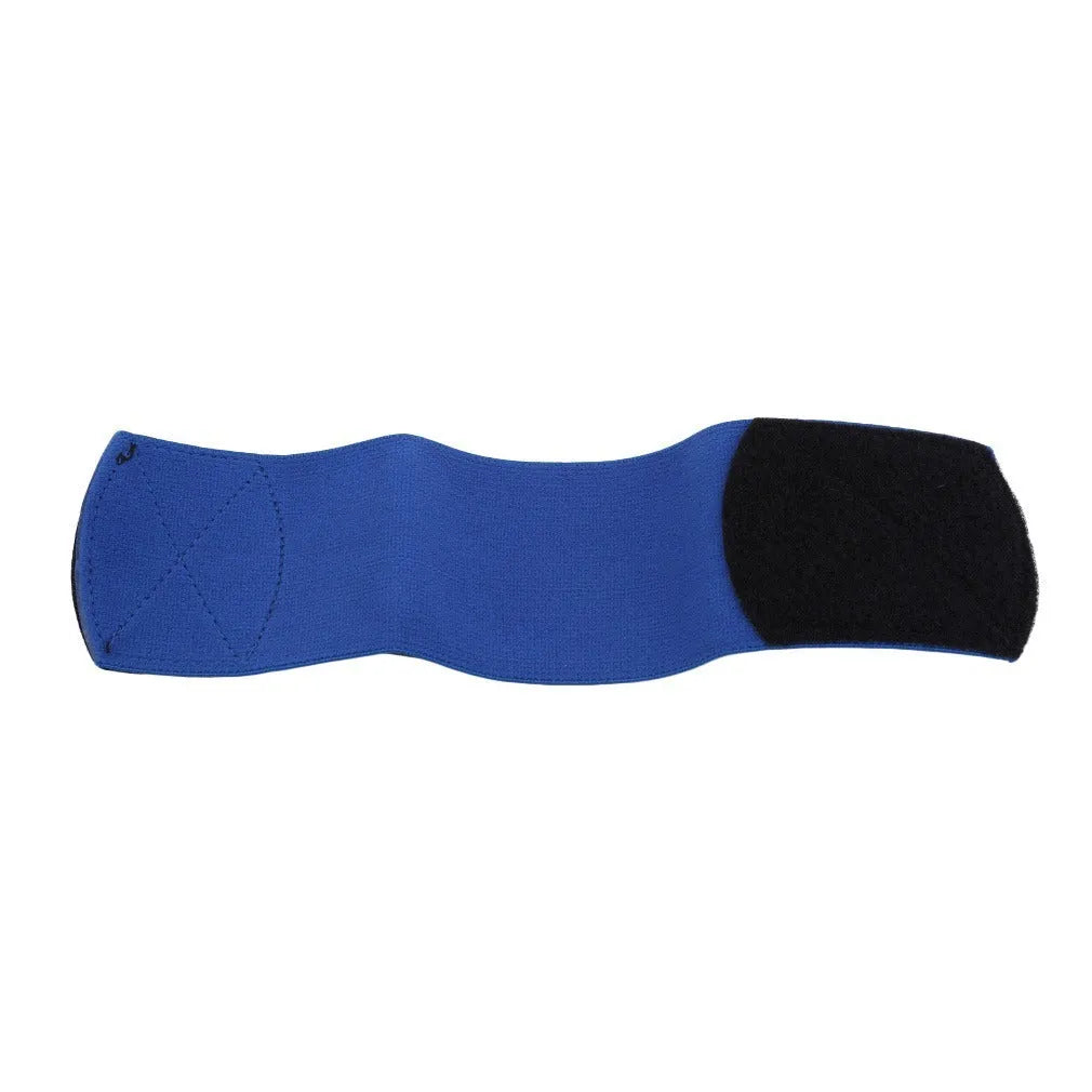 Red elastic rubber shin guard strap band for football sports, dimensions 25cm by 6.5cm.