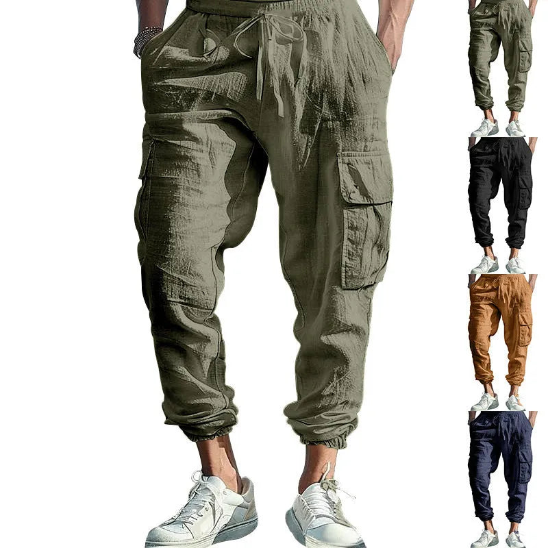 Men's loose-fit linen trousers in Army Green with ankle-tied cuffs and multiple pockets.