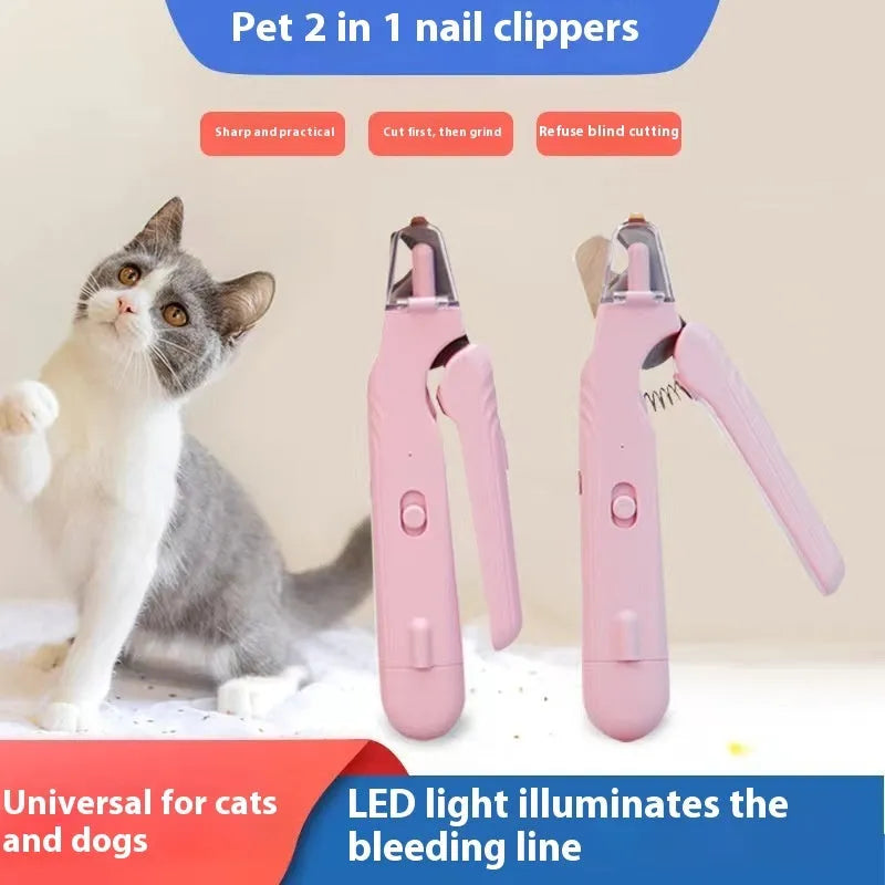 2-in-1 pet nail clipper with LED light and grinder for safe dog and cat nail trimming, white and green