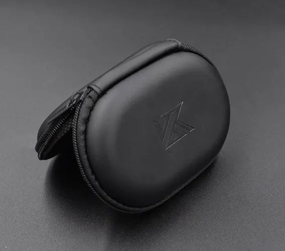 Black leather oval-shaped earphone storage pouch for portable headphones.