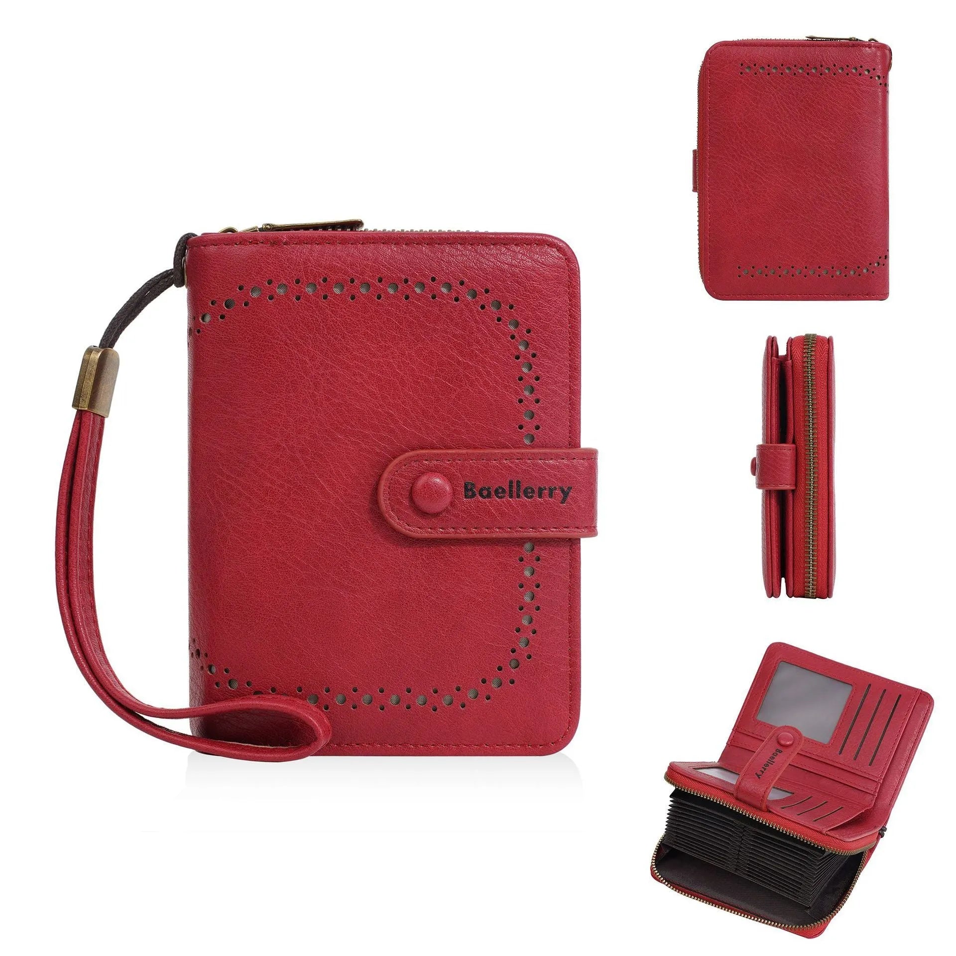 Women's black PU leather zipper coin purse with integrated card slots open.