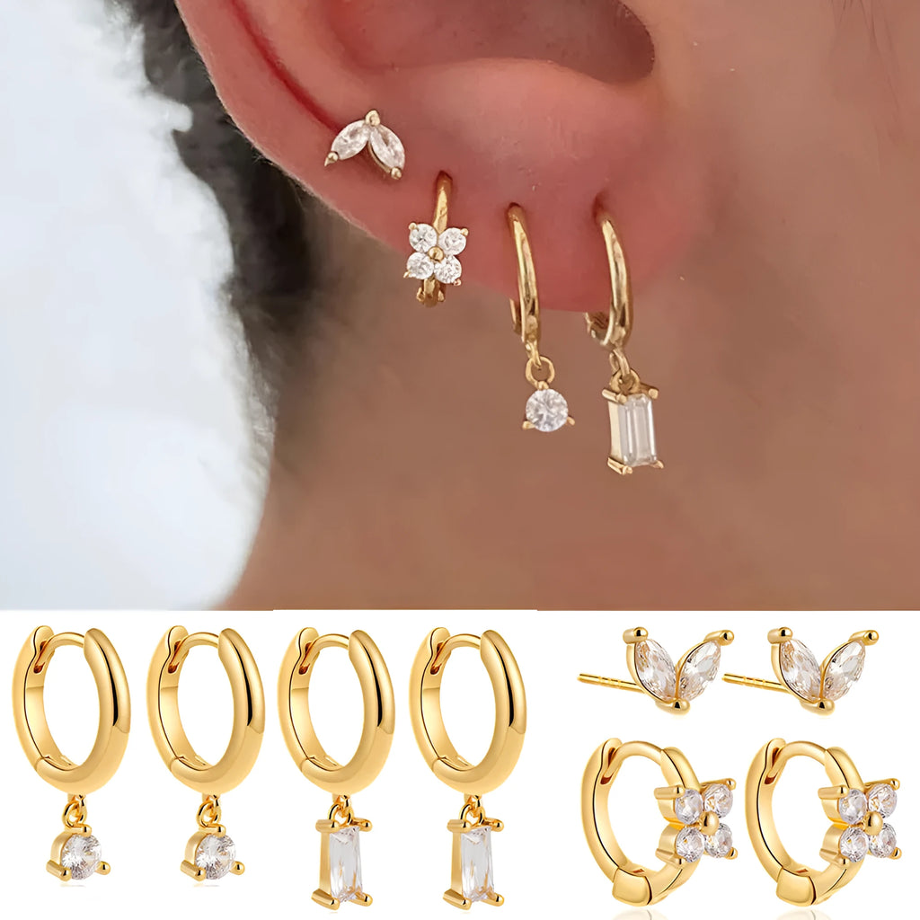 Copper geometric earrings four-piece set with star and shape designs in gold or silver electroplated finish