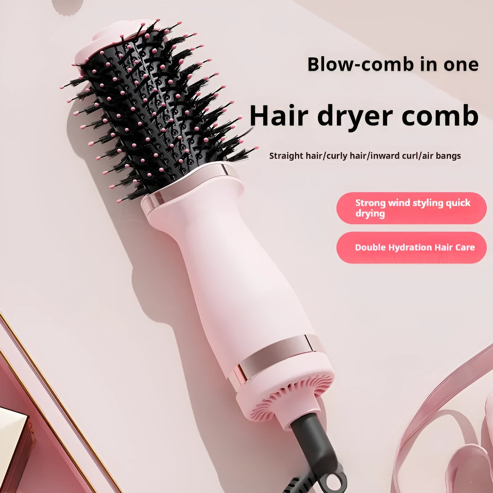 Pink multifunctional hair dryer with integrated comb attachments for styling