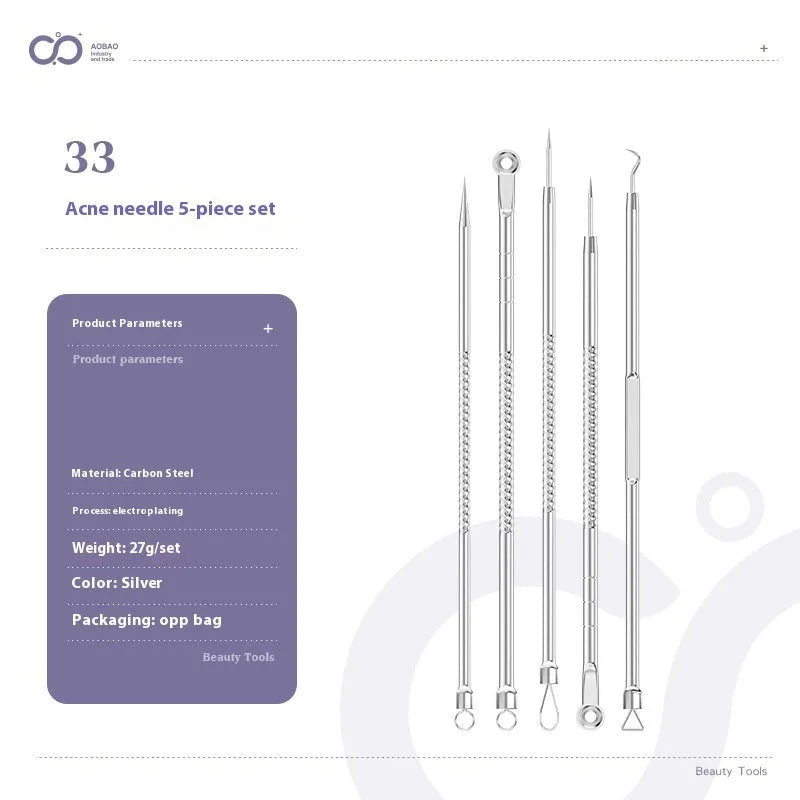 Four silver metal acne needles with ultra-fine pointed tips for skin treatment.