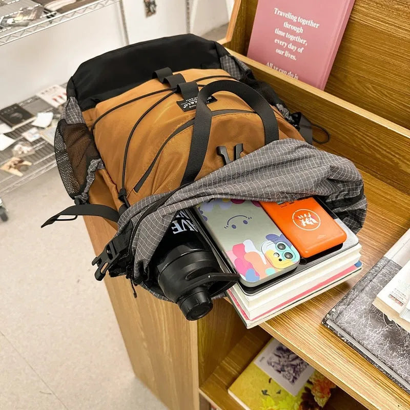 Large capacity nylon backpack for men and women, solid colour, casual travel style, 30x18x48cm, available in black gray green and khaki